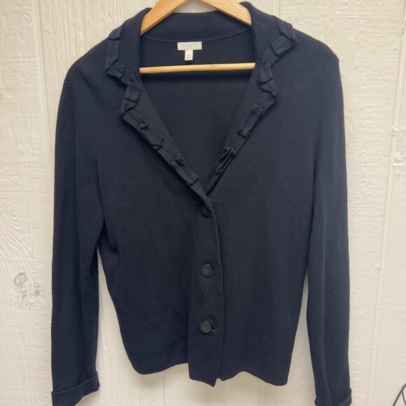 Talbots Ruffle Trim Collar Knit Cardigan Black Medium - Picture 1 of 8